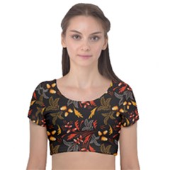 Folk Floral Pattern  Abstract Flowers Surface Design  Seamless Pattern Velvet Short Sleeve Crop Top  by Eskimos