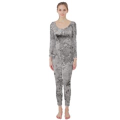 Silver Abstract Grunge Texture Print Long Sleeve Catsuit