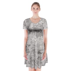 Silver Abstract Grunge Texture Print Short Sleeve V-neck Flare Dress