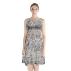Silver Abstract Grunge Texture Print Sleeveless Waist Tie Chiffon Dress