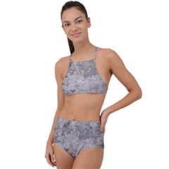 Silver Abstract Grunge Texture Print High Waist Tankini Set