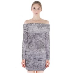 Silver Abstract Grunge Texture Print Long Sleeve Off Shoulder Dress