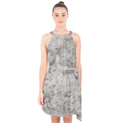 Silver Abstract Grunge Texture Print Halter Collar Waist Tie Chiffon Dress