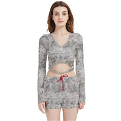 Silver Abstract Grunge Texture Print Velvet Wrap Crop Top and Shorts Set