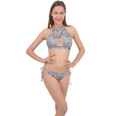 Silver Abstract Grunge Texture Print Cross Front Halter Bikini Set