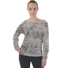 Silver Abstract Grunge Texture Print Off Shoulder Long Sleeve Velour Top