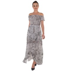 Silver Abstract Grunge Texture Print Off Shoulder Open Front Chiffon Dress