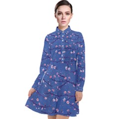 Branches With Peach Flowers Long Sleeve Chiffon Shirt Dress by SychEva