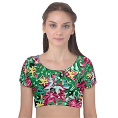 Floral-diamonte Velvet Short Sleeve Crop Top 