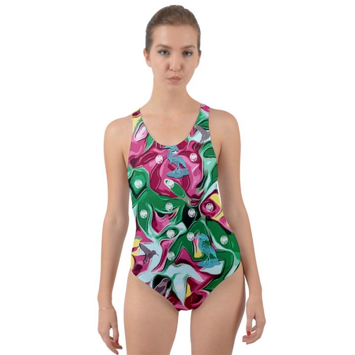 Floral-diamonte Cut-Out Back One Piece Swimsuit