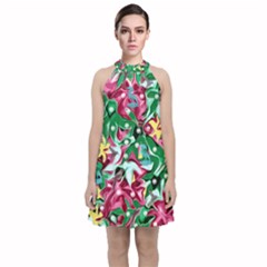 Floral-diamonte Velvet Halter Neckline Dress  by PollyParadise