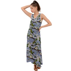 Pear Branch With Flowers V-neck Chiffon Maxi Dress by SychEva