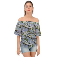 Pear Branch With Flowers Off Shoulder Short Sleeve Top by SychEva