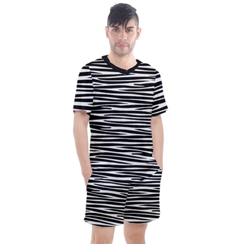 Zebra Stripes, Black And White Asymmetric Lines, Wildlife Pattern Men s Mesh Tee And Shorts Set by Casemiro