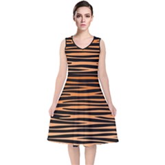 Tiger Stripes, Black And Orange, Asymmetric Lines, Wildlife Pattern V-neck Midi Sleeveless Dress  by Casemiro
