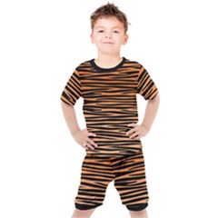 Tiger Stripes, Black And Orange, Asymmetric Lines, Wildlife Pattern Kids  Tee And Shorts Set by Casemiro