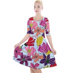 Flower Pattern Quarter Sleeve A-line Dress by Galinka
