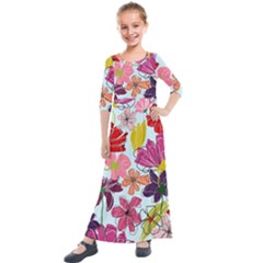 Flower Pattern Kids  Quarter Sleeve Maxi Dress