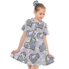   Gold Hearts On A Blue Background Kids  Short Sleeve Shirt Dress by Galinka