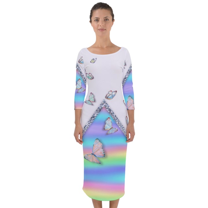 Minimal Holographic Butterflies Quarter Sleeve Midi Bodycon Dress