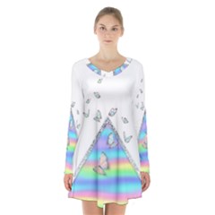 Minimal Holographic Butterflies Long Sleeve Velvet V-neck Dress