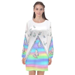 Minimal Holographic Butterflies Long Sleeve Chiffon Shift Dress 