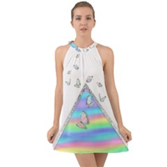 Minimal Holographic Butterflies Halter Tie Back Chiffon Dress