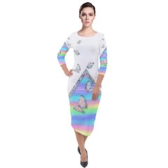 Minimal Holographic Butterflies Quarter Sleeve Midi Velour Bodycon Dress