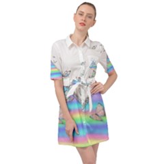 Minimal Holographic Butterflies Belted Shirt Dress by gloriasanchez