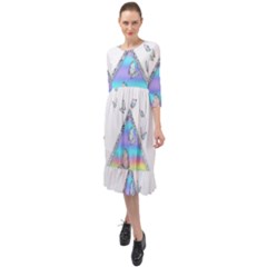 Minimal Holographic Butterflies Ruffle End Midi Chiffon Dress