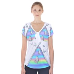 Minimal Holographic Butterflies Short Sleeve Front Detail Top