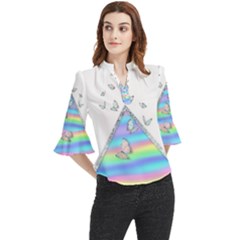 Minimal Holographic Butterflies Loose Horn Sleeve Chiffon Blouse