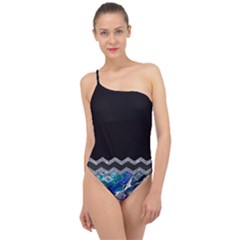 Blue Ocean Minimal Liquid Painting Classic One Shoulder Swimsuit by gloriasanchez