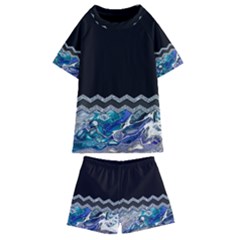 Blue Ocean Minimal Liquid Painting Kids  Swim Tee And Shorts Set by gloriasanchez