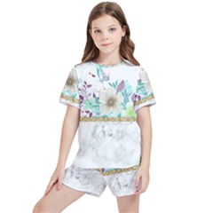 Minimal Gold Floral Marble Kids  Tee And Sports Shorts Set by gloriasanchez