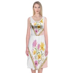 Minimal Peach Gold Floral Marble A Midi Sleeveless Dress