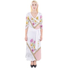 Minimal Peach Gold Floral Marble A Quarter Sleeve Wrap Maxi Dress