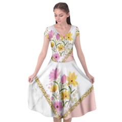 Minimal Peach Gold Floral Marble A Cap Sleeve Wrap Front Dress