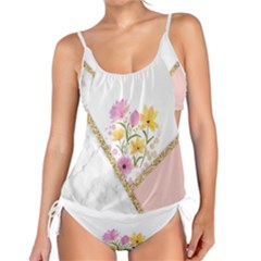 Minimal Peach Gold Floral Marble A Tankini Set