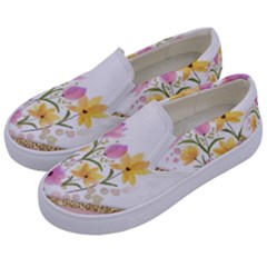 Minimal Peach Gold Floral Marble A Kids  Canvas Slip Ons by gloriasanchez