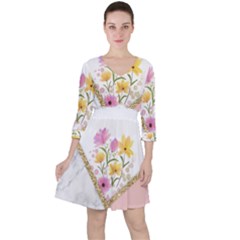 Minimal Peach Gold Floral Marble A Quarter Sleeve Ruffle Waist Dress