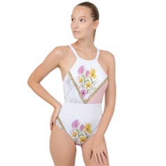 Minimal Peach Gold Floral Marble A High Neck One Piece Swimsuit