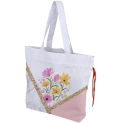 Minimal Peach Gold Floral Marble A Drawstring Tote Bag