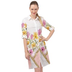 Minimal Peach Gold Floral Marble A Long Sleeve Mini Shirt Dress