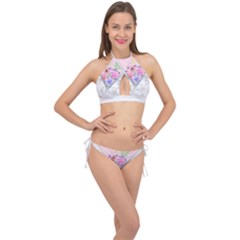 Minimal Pink Floral Marble A Cross Front Halter Bikini Set by gloriasanchez