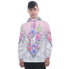 Minimal Pink Floral Marble A Men s Front Pocket Pullover Windbreaker by gloriasanchez