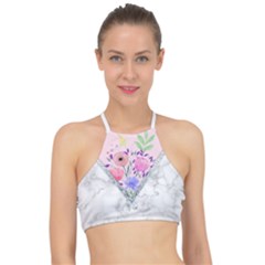 Minimal Pink Floral Marble A Racer Front Bikini Top by gloriasanchez