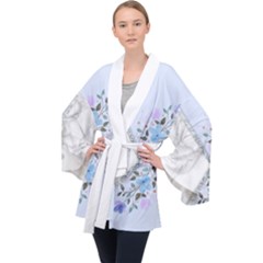 Minimal Silver Blue Marble Bouquet A Long Sleeve Velvet Kimono  by gloriasanchez