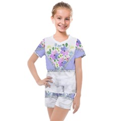 Minimal Purble Floral Marble A Kids  Mesh Tee And Shorts Set