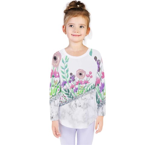 Minimal Silver Floral Marble A Kids  Long Sleeve Tee by gloriasanchez